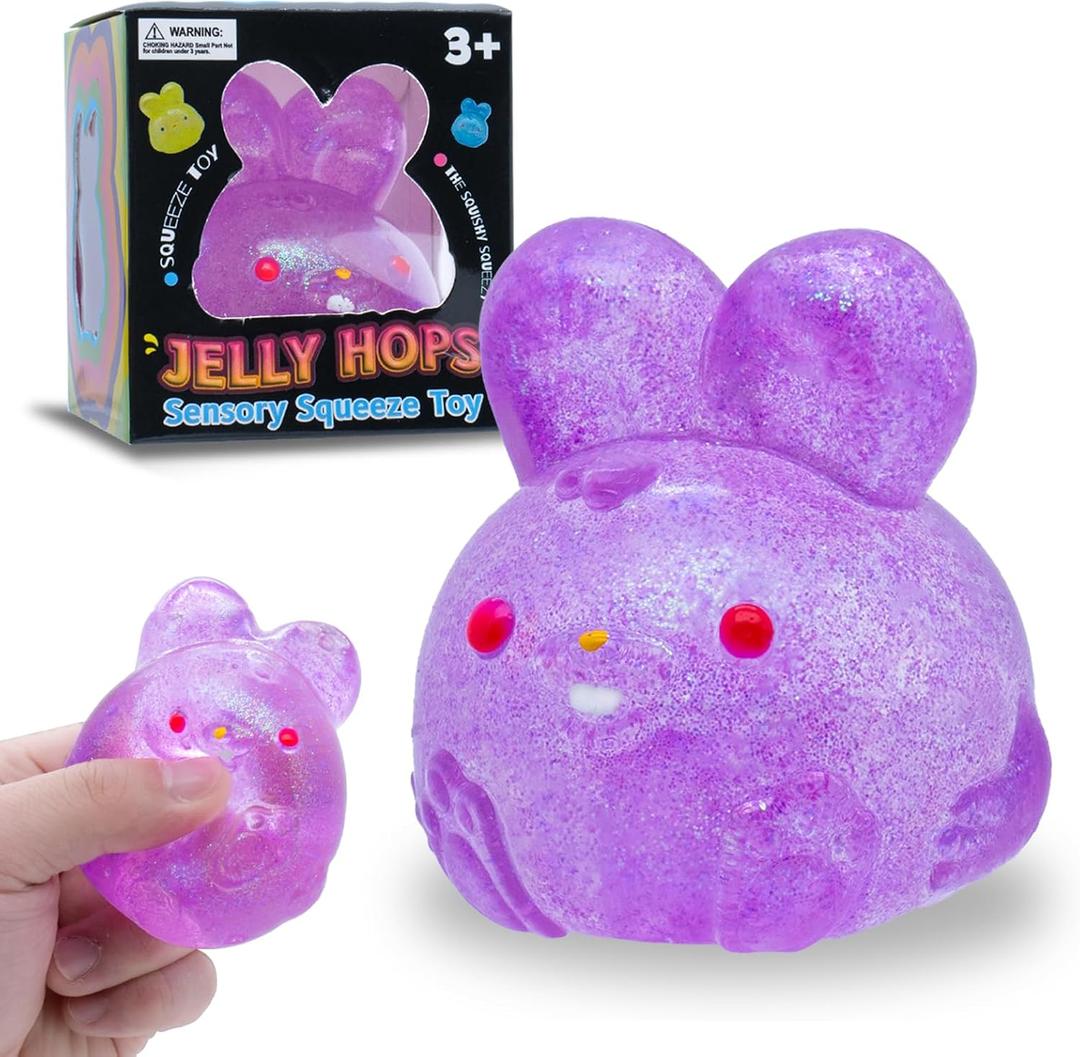 Stress Relief Purple Glitter Bunny Squeeze Toy - Anxiety Calming Sensory Fidget Toy for Kids & Adults, Soft Squishy Ball for ADHD Autism, Jelly Hops