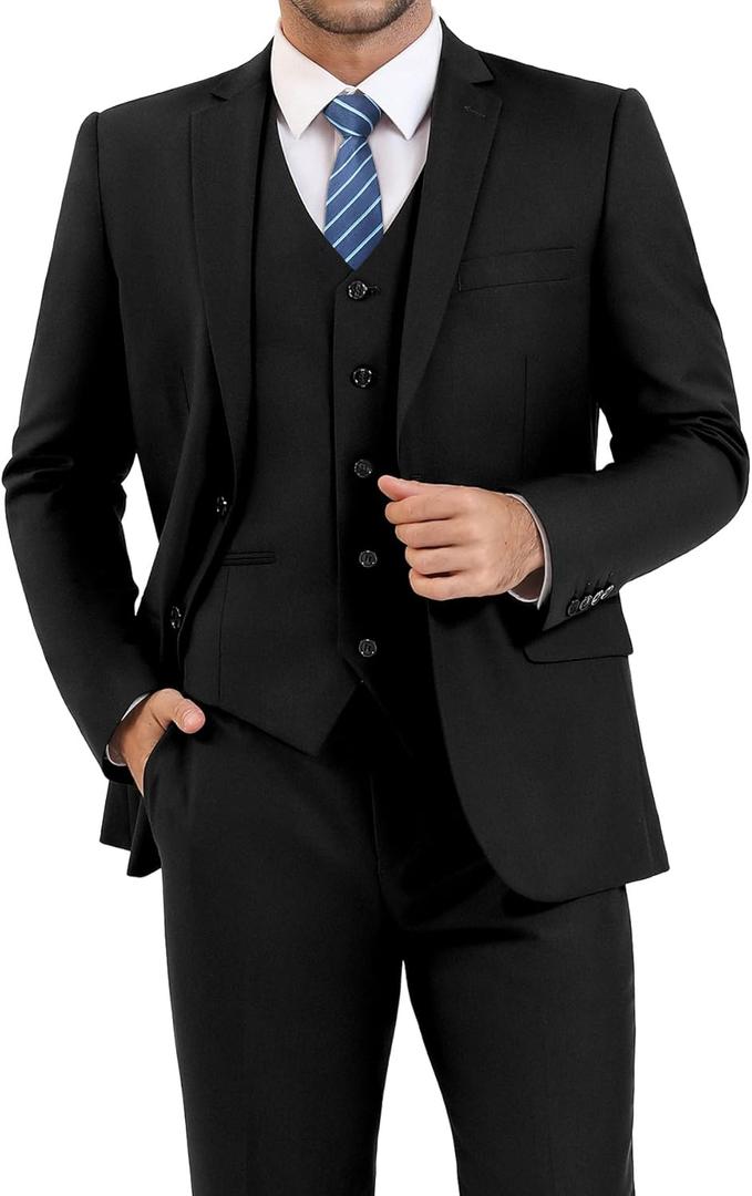 LUPURTY 3 Piece Suits for Men Slim Fit Men's Suit for Business Wedding Party 2 Button Blazer Tuxedo Set Jacket Vest Pants (4X-Large, Black)