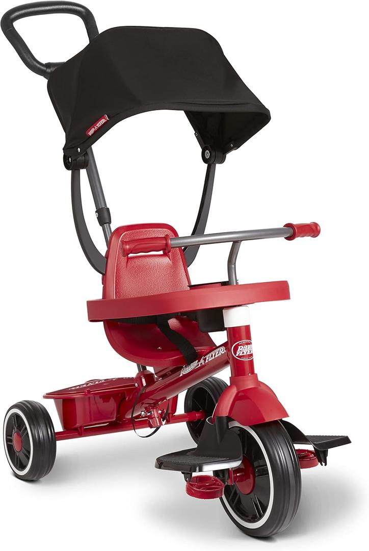 Radio Flyer Pedal & Push 4-in-1 Stroll ' N Trike, Red Tricycle, for Toddlers Ages 1-5, Toddler Bike