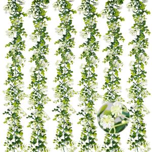 6FT Eucalyptus Garland with Flowers, 6 Pack Artificial Greenery Garland Hanging Spring Eucalyptus Garland Suitable for Table Wedding Backdrop Arch Wall Party UV Protected Indoor Outdoor Decor