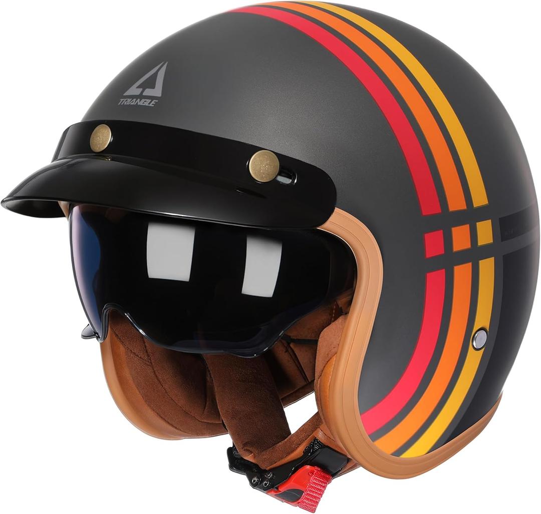 TRIANGLE 3/4 Motorcycle Helmet,Retro Vespa Open Face Adults Helmets with Visor,Half Face Moped Helmet for Men & Women,DOT Approved Helmets for Cruiser Scooter(XL) (Rainbow Gray)