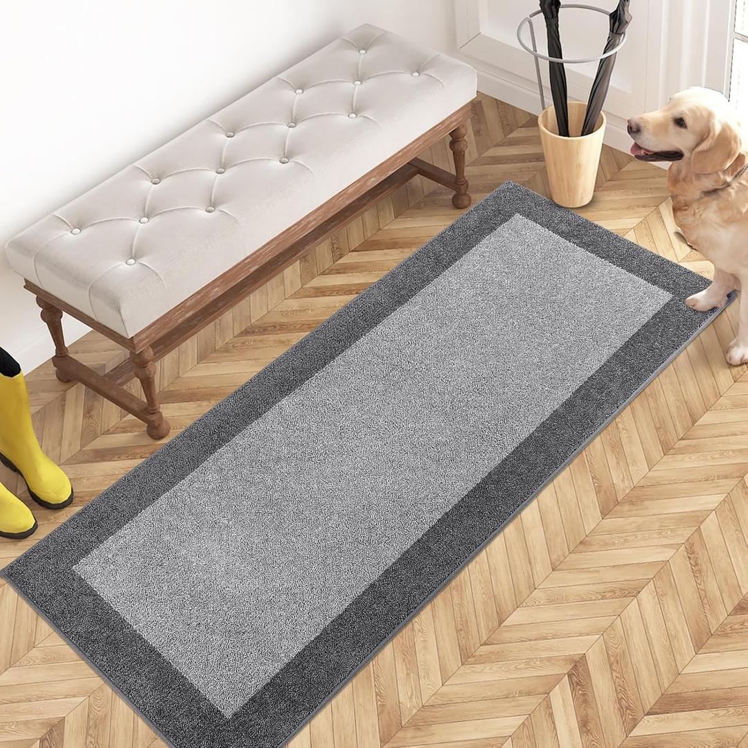 Purrugs Dirt Trapping Door Mat 24" x 60", Non-Slip Washable Entry Mat, Dog Doormat, Front Door Mat, Super Absorbent Entrance Mat for Muddy Shoes & Paws, Light Grey & Grey
