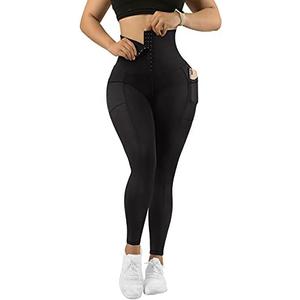 MOOSLOVER Women Corset High Waisted Leggings with Pockets Tummy Control Body Shaper Yoga Pants, M