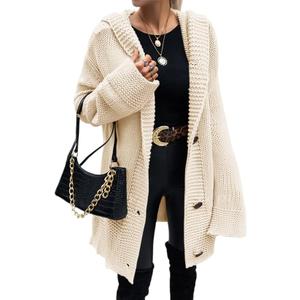 Taodou Women Hooded Knit Cardigans Button Cable Open Front Sweater Coat Beige L