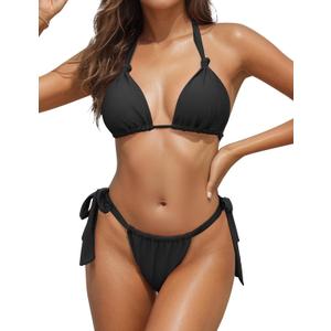 Zonsaoja Women Thong Bikini Side Tie Triangle Two Piece Bathing Suits Halter Knot Swimsuits (Large, Black)