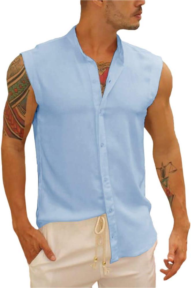 Bbalizko Mens Sleeveless Button Down Shirts Linen Cotton Summer Beach Basic Tank T-Shirt Tops (Medium)