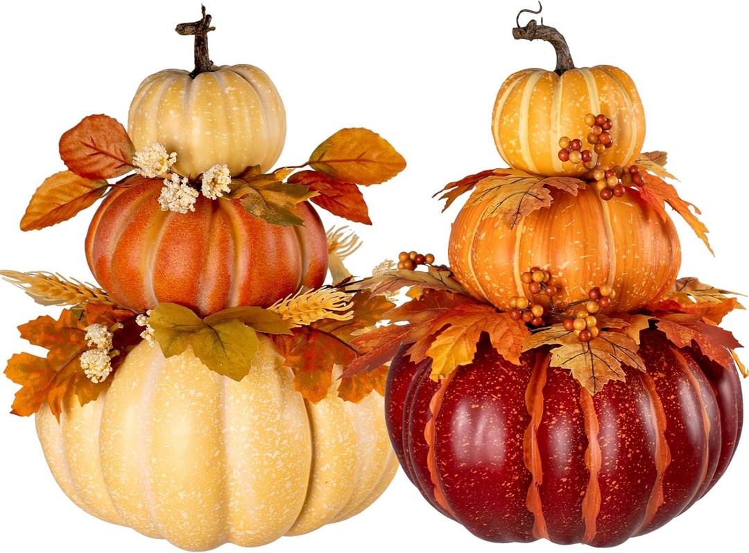 2Pcs 13" Large Stacked Pumpkin Tower Decor, Light Yellow Orange Hard Foam Artificial Pumpkin Topiaries with Maple Leaves, Harvest Fall Ornament for Halloween Thanksgiving Table Porch Decor