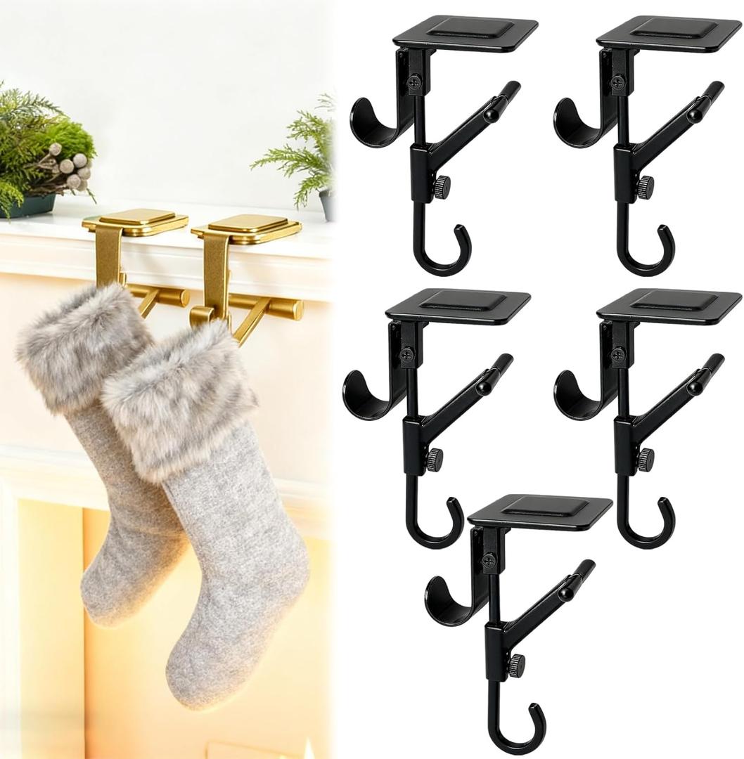 S-SNAIL-OO Fireplace Stocking and Garland Hanger, Garland Hanger for Door Frame, Adjustable Heavy Duty 2 in 1 Double Mantel Hangers, Fits 0.5" to 6" Mantles Home Decoration (Black-5pcs)