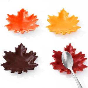 Whaline 4Pcs Mini Fall Spoon Rest Maple Leaves Ceramic Spoon Holder Fall Color Leaves Sauce Dishes Autumn Thanksgiving Coffee Spoon Holder Ring Dish for Stove Top Cooking Utensil Kitchen Office Decor