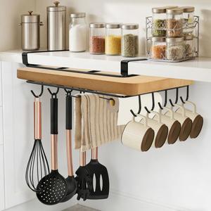 Under Cabinet Cutting Board, No-Drill Mug Hooks Storage Rack, Paper Towel Organizer, Multifunctional Stainless Steel Under Cabinet Shelf, for Kitchen Utensils, Chopping Board