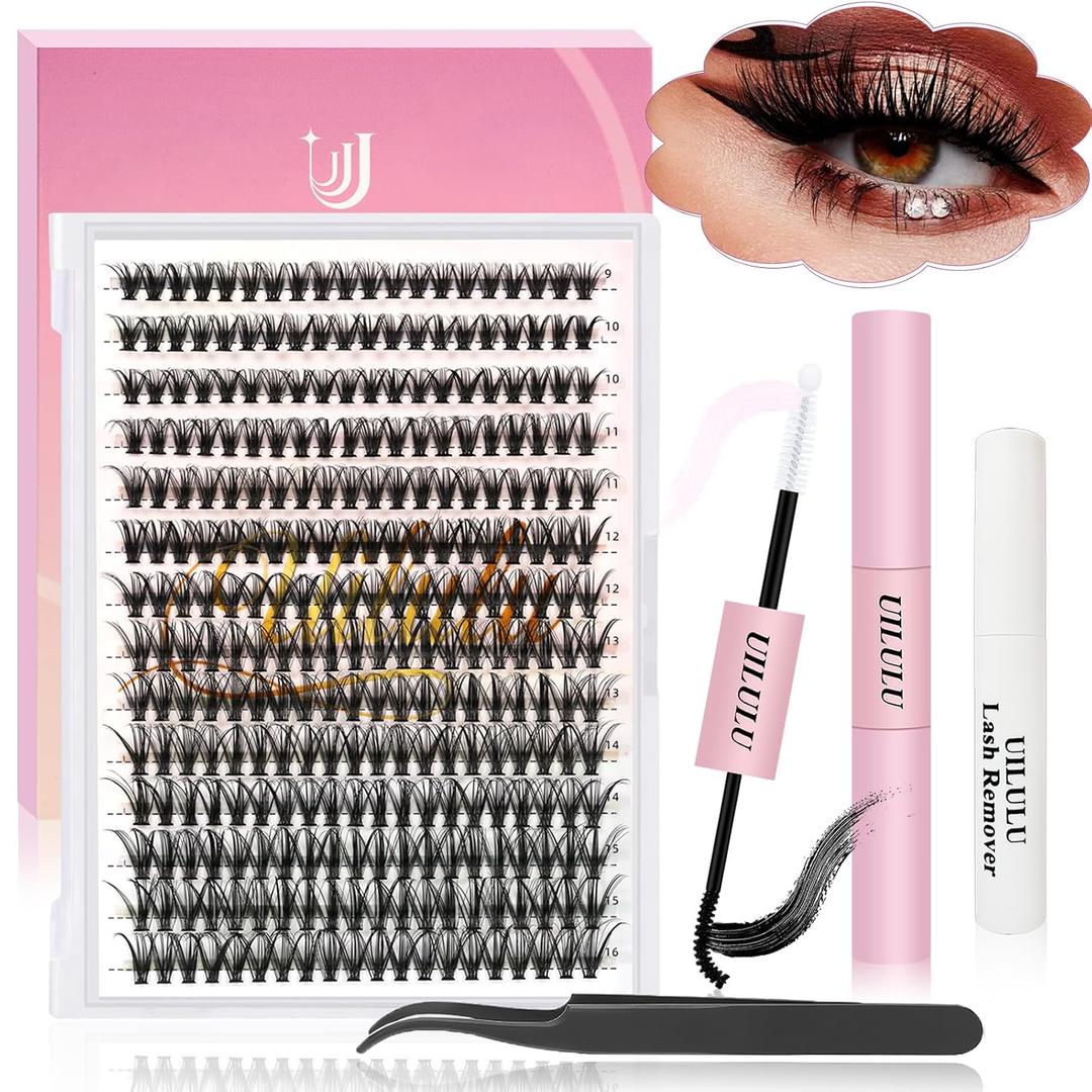 Uilulu Lash Clusters kit 9-16mm DIY Lash Extension Kit 280 30D D Curl Lash Clusters 0.07D Natural Individual Lashes Clusters False Eyelashes Wispy Eye Lash Kits Extensions Kit