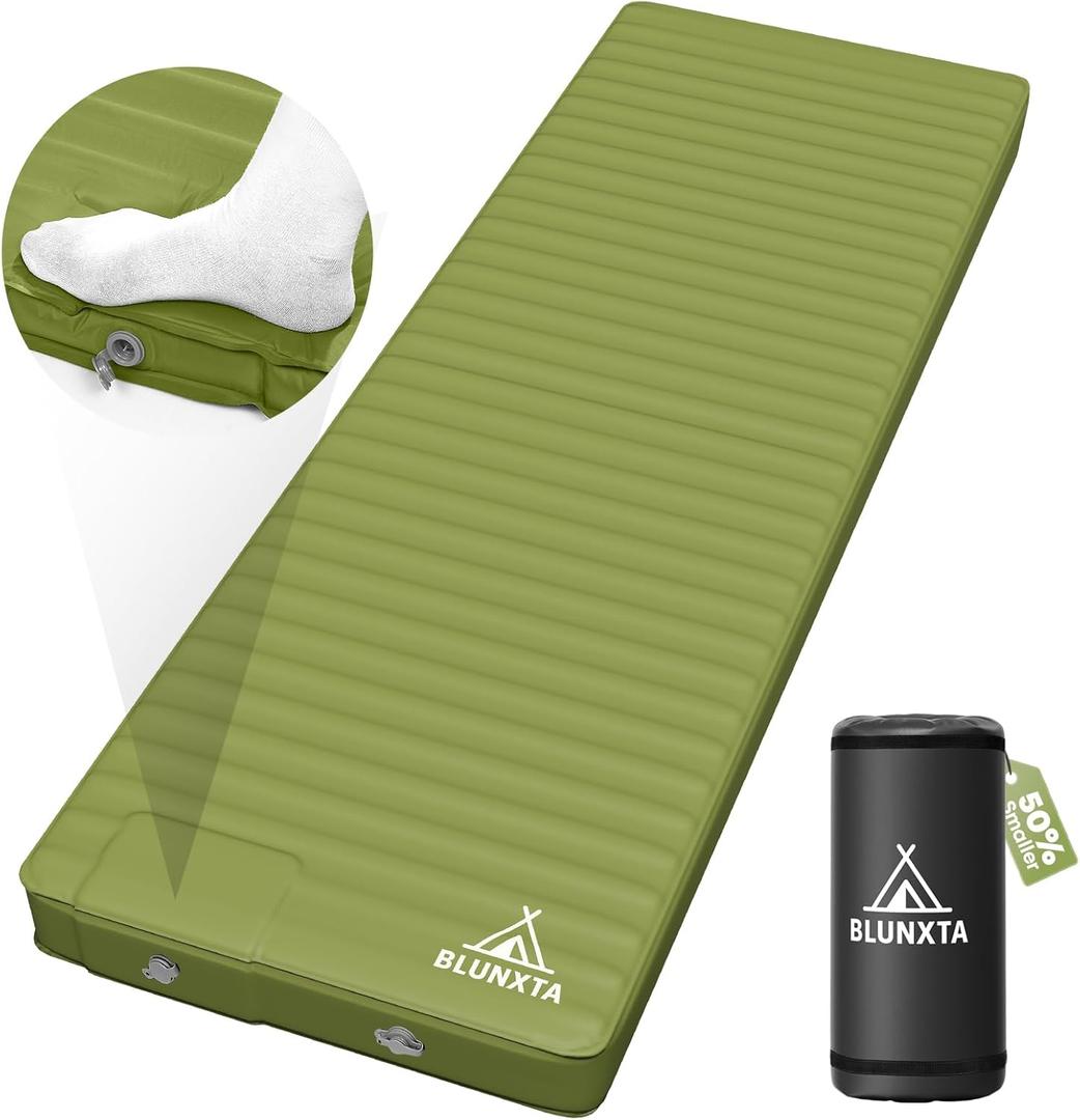 Self Inflating Sleeping Pad with Foot Pump, 2 Inch Thick Memory Foam Camping Pad, Quick Inflation Air Mattress for Camping, Hiking, Car Travel, and Outdoor Adventures, Green