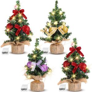 4 Pack 7.8 Inch Pre-lit Mini Christmas Tree Flocked Tabletop Small Artificial Christmas Tree with Hanging Ornaments for Christmas Table Desktop Bedroom Home Indoor Decoration(Luminous)