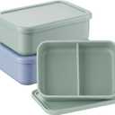 Layhit 2 Pcs Silicone Bento Box for Adults, 27 oz Bento Lunch Container Reusable 2 Compartment Lunchable Food Container for Women Men, Leak Proof Microwave Dishwasher Freezer Safe (Gray Blue,Green)