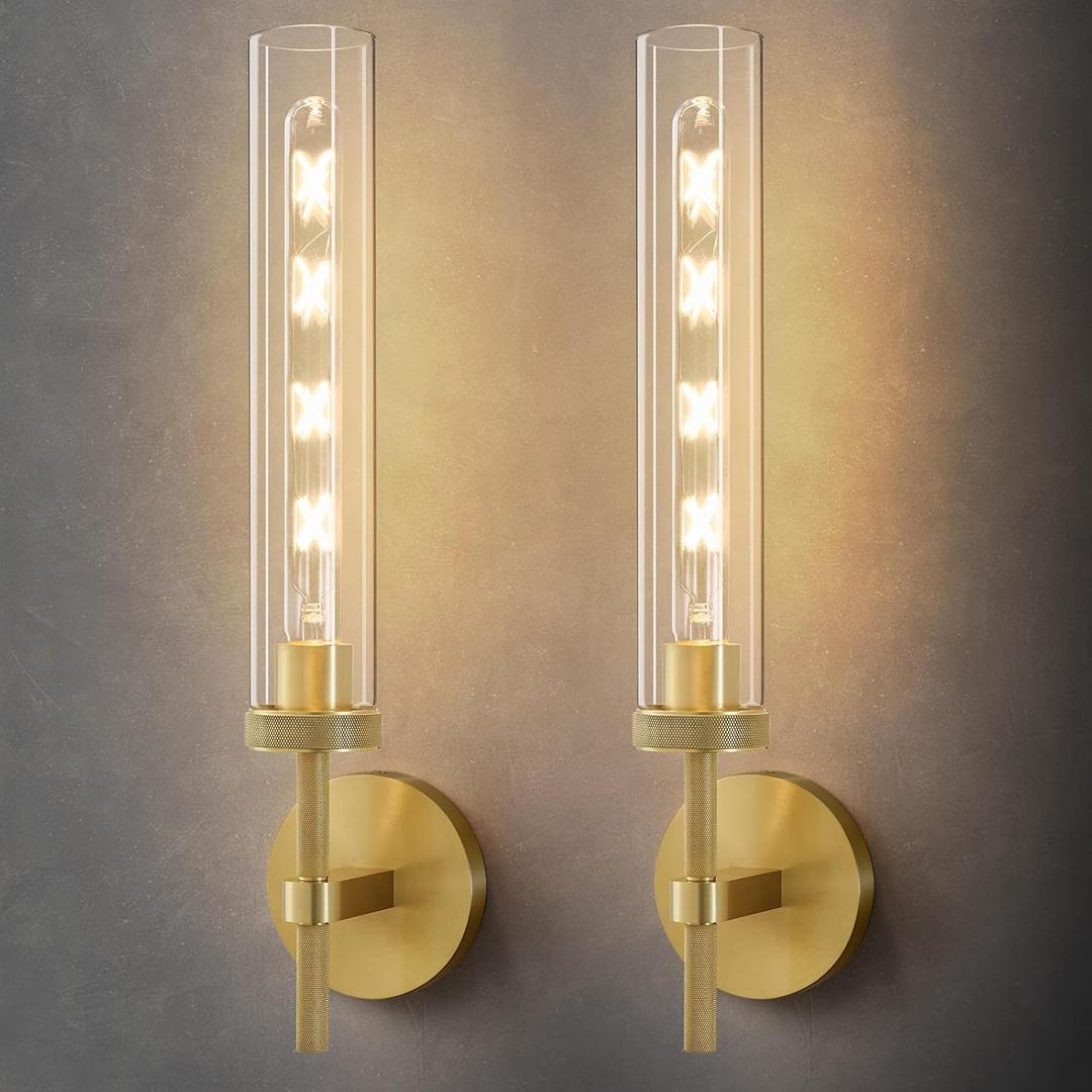 Brass Knurled Tube Wall Sconce - Set of 2 Luxury Modern Glass Sconces with Bulbs - Gold Dimmable Indoor Lighting - Vertical Mounted Light Fixture for Vanity Mirror Bathroom Bedroom Living Room Hallway
