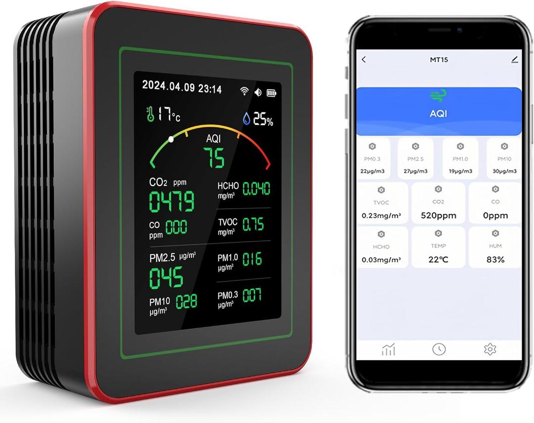Professional 15-in-1 Air Quality Monitor with Smartphone APP - Dual Chip - Sensors Detect CO2, PM2.5/PM10, HCHO, TVOC | Real-Time AQI Alerts & Custom Thresholds | for Home, Car, Office, Plants, Pets (Black)