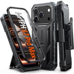 FNTCASE for iPhone 17 Pro-Max Case: Military Grade Rugged Phone Cover with Kickstand & Belt Clip Holster | Shockproof TPU Protection Bumper Matte Textured Design | Heavy Duty Protector Black