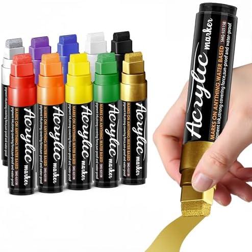 Acrylic Paint Markers, 10 Colors Poster Markers Jumbo 16mm Wide Tip Permanent Ink 36g, Thick Acrylic paint pens for Fabric, Poster, Glass, Rock Painting, Stone, Wood, Car, Ceramic