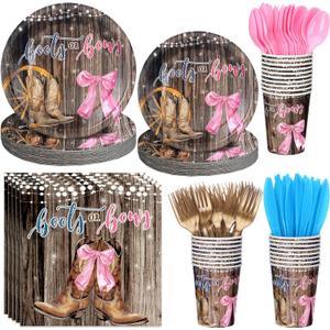 168 Pcs Boots Bows Gender Reveal Birthday Party Supplies Boy or Girl Birthday Party Decorations, Cowboy Boots Pink Bows for Baby Shower Decorations (Brown)