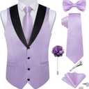 DiBanGu Mens Shiny Satin Vest Tie Set 8PCS Solid Waistcoat and Pre-tied Bowtie Shawl Collar Dress Vest for Wedding Formal (Small, Lilac)