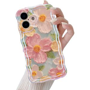QLTYPRI Case for iPhone 16 Plus, Laser Colorful Retro Oil Painting Flower Pattern Cute Curly Wave Border Exquisite Phone Case for Girls Women, Shockproof TPU Protective Phone Cover, Green