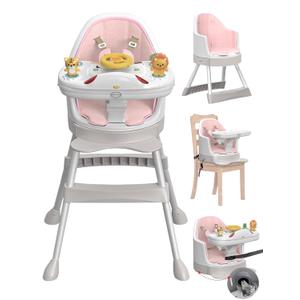 High Chair with Foldable Baffle, Easy to Put Baby inMusic & Lights Baby High Chair with Wheels and a Traction RopeBaby Floor Seat with 5- Point Seat Belt & FootrestMAX 80 LBS(Pink)