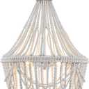 20 Bohemia Large Wood Beaded Chandelier Coastal French Country Chandelier Farmhouse Antique Pendant Light for Living Room Kitchen Island Dining Bedroom, Distressed White, UL Listed