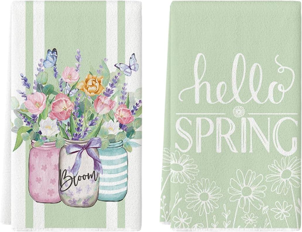 Artoid Mode Floral Bloom Vase Hello Spring Kitchen Towels Dish Towels, 18x26 Inch Seasonal Summer Decoration Hand Towels Set of 2