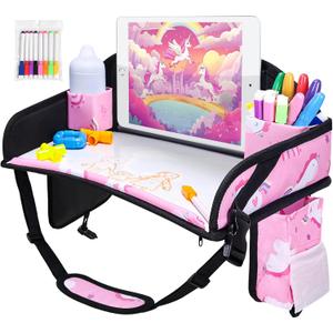 WENRENER Kids Travel Tray, Car Seat Tray for kids Travel, Toddler Road Trip Essentials With Drawing Kit, Toddler Lap Desk Organizer for Car, Carseat Table for Airplane (Dark Pink)