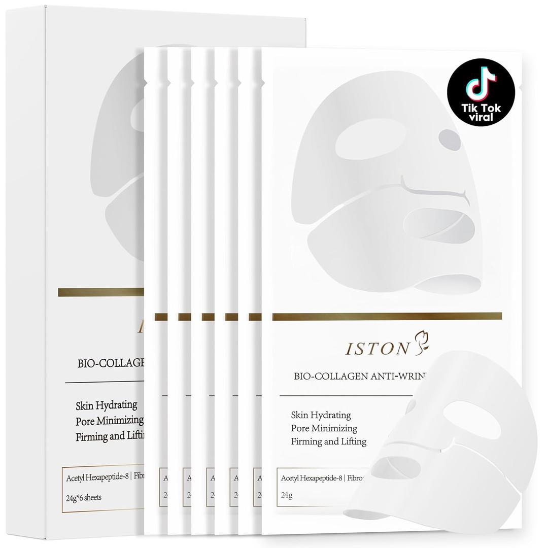 ISTON 6 Pack Bio-Collagen Real Deep Anti Wrinkle Lifting Mask,Overnight Hydrating Face Mask for All Skin Types -Pore Minimizing,Elasticity Enhancing,Firming,Moisturizing (White)