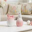 DN DECONATION Easter Decorations Bunny and Egg Figurines Set, Pink to White Gradient Easter Spring Home Decor, Ceramic Rabbit Egg Sculpture for Farmhouse Tabletop Centerpiece Wedding Gifts 2PCS