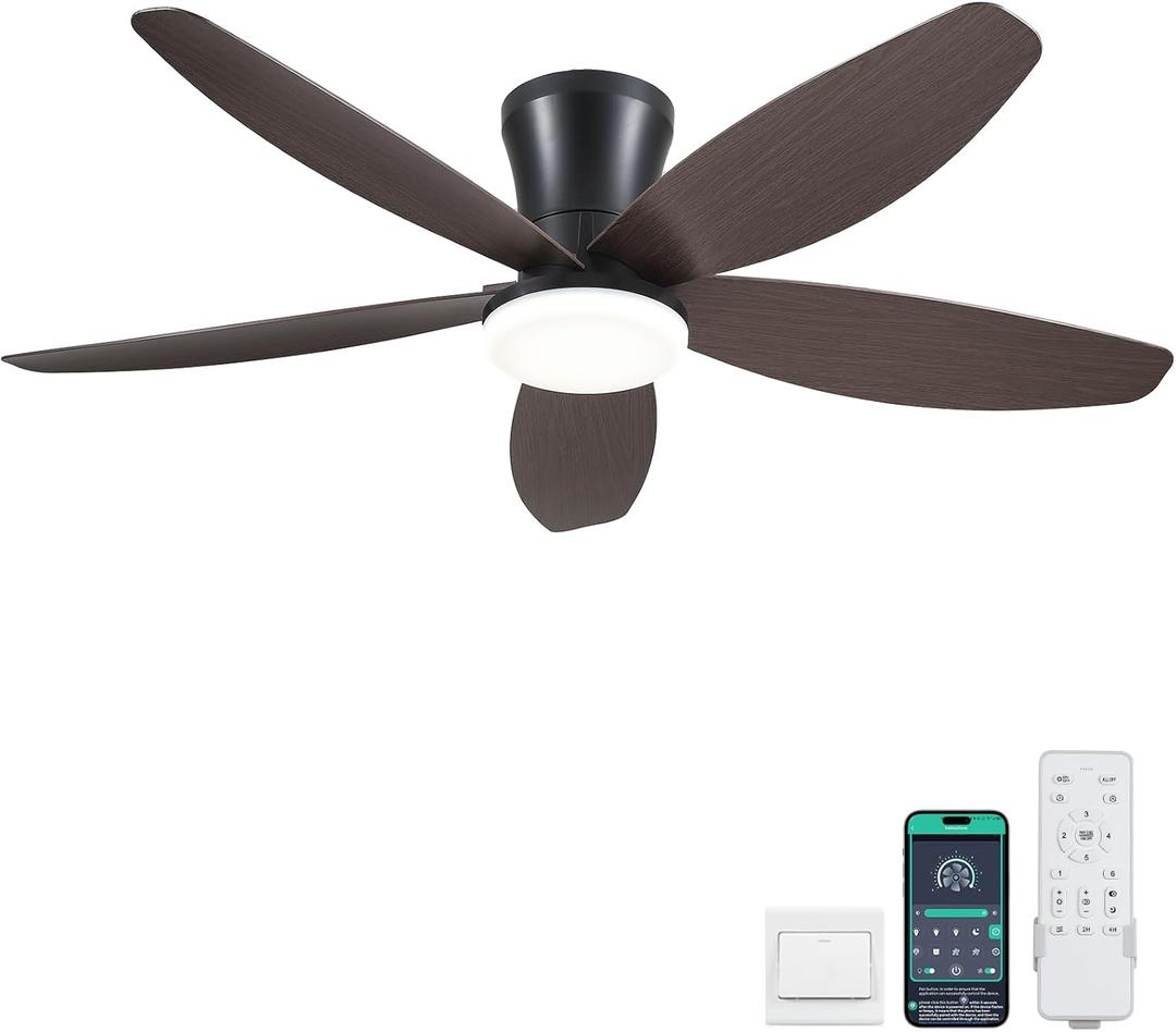 Ceiling Fans with Lights-42 Low Profile Ceiling Fan with Light and Remote/APP Control, Flush Mount, DC Reversible, LED Dimmable Modern Ceiling Fans for Bedroom, Indoor/Outdoor Patio Use (Brown)