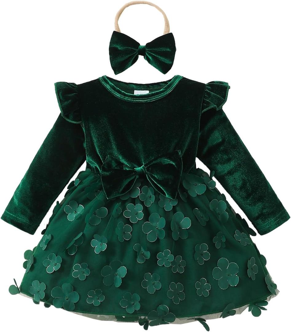 Kucnuzki Baby Girl Clothes Fall Holiday Party Velvet Tulle Dress Winter Cute Long Sleeve Toddler Girls Birthday Dresses (Green, M)