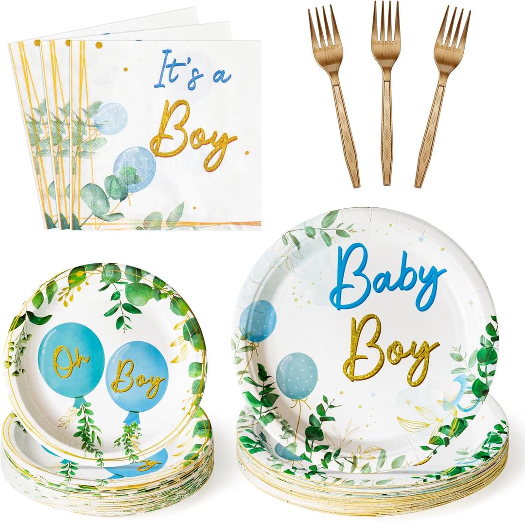 G1ngtar 96Pcs It's a Boy Greenery Baby Shower Party Plates Supplies - Sage Green Watercolor Blue Balloon Party Tableware Decorations Disposable Paper Plates Napkins Fork for Birthday, Serves 24 Guests