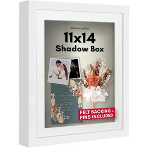 Americanflat 11x14 Shadow Box Frame with Shatter-Resistant Glass - Use as 9x12 Frame with Mat or 11x14 Without Mat - Silhouette Collection - White with Soft Felt Back
