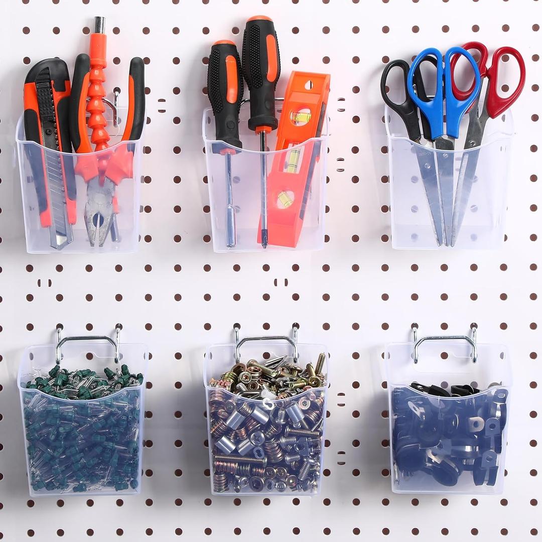 Reallnaive 6 Pack Pegboard Bins with Hooks - Translucent Pegboard Organizer Wall Containers - Kitchen, Office, Garage, Workshop, Bathroom