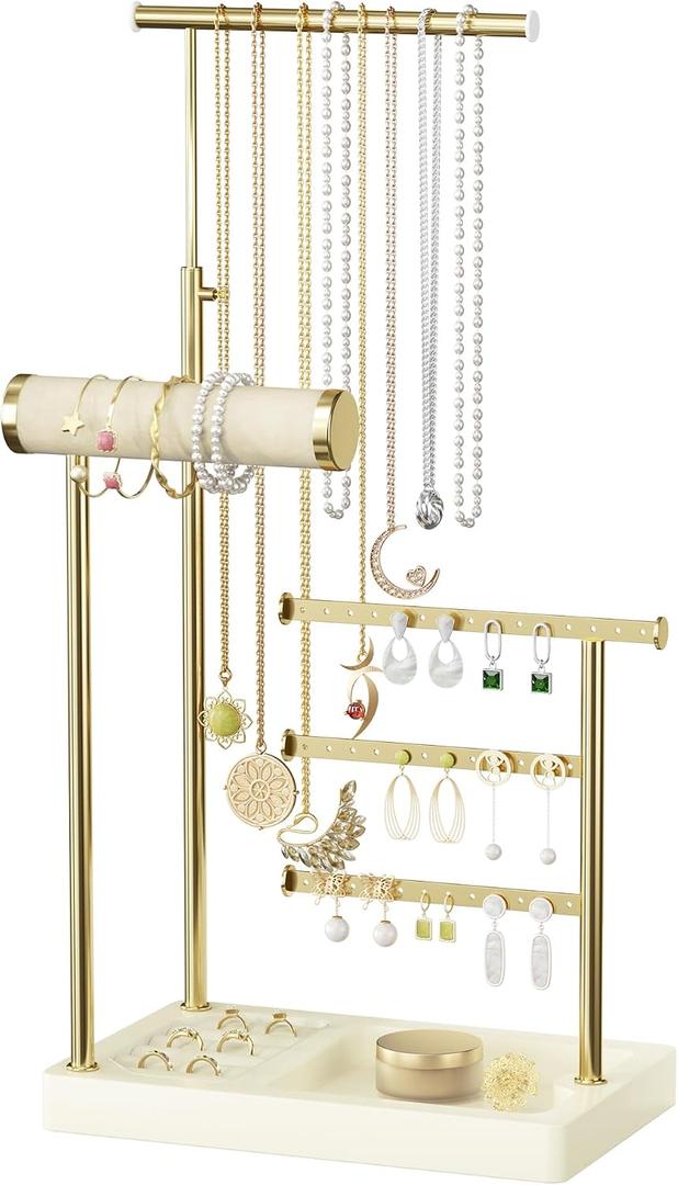 SZQINJI 5 Tier Jewelry Holder Organizer, Gold Jewelry Stand with Velvet Bracelet Holder, Adjustable Height Jewelry Display for Necklaces, Bracelets, Earrings, Rings, Gift Idea for Women, Beige