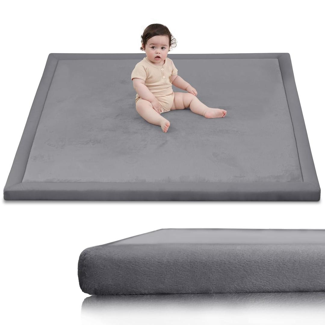 Baby Play Mat for Floor,1.3" Thick Elasti-Foam 50x50 Playpen Mat for Toddlers Infant kids,Water-Repellent Soft Coral Velvet for Tummy Time,Non-Slip Backing for Crawling,Tatami Style (Dark Grey)