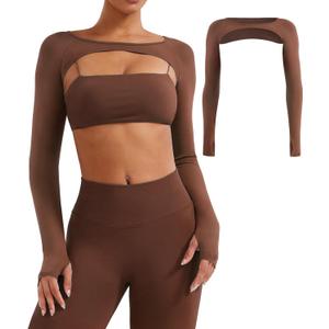 YEOREO Seamless Long Sleeve Shrug for Women Gym Crop Top Workout Cropped Sports Bolero (X-Small, Deep Brown)