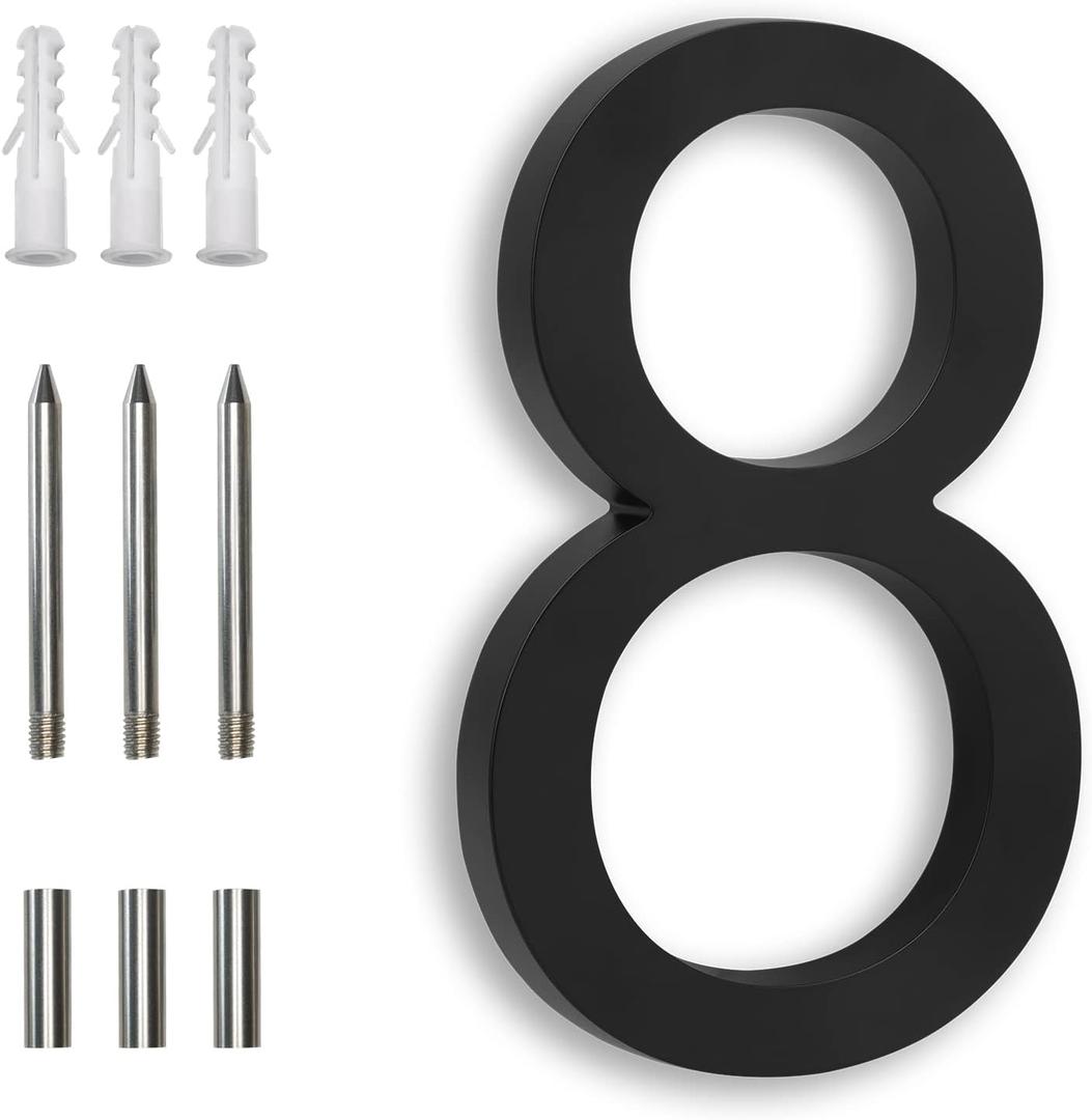 7 Inch Black House Numbers, Floating Flush Mount Aluminum Address Numbers, Modern Metal Numbers for Houses  Large, Weatherproof, Easy to Install Number 8