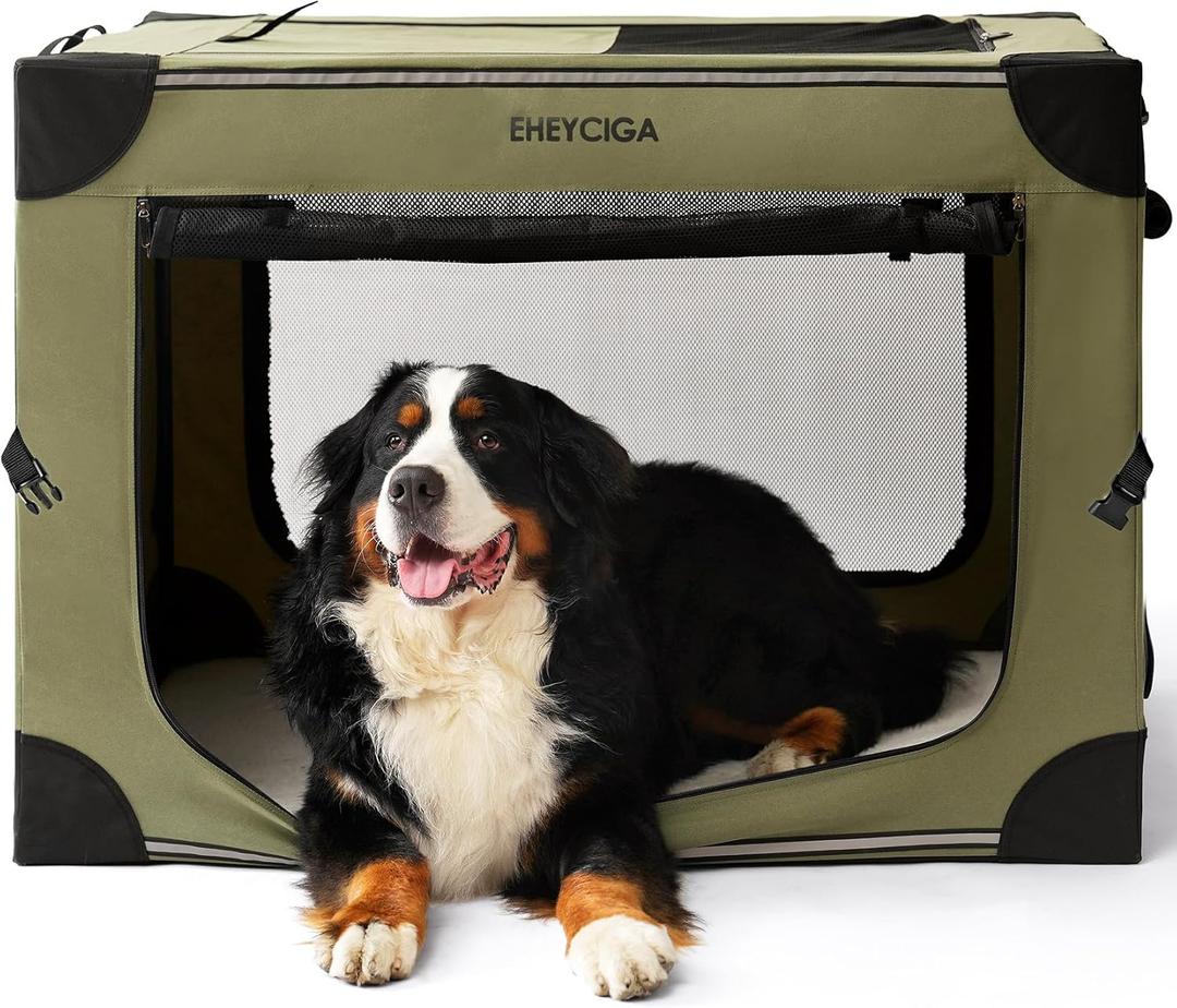 EHEYCIGA Collapsible Dog Crate 42 Inches, Portable Travel Crate for Extra Large Dogs, Soft Foldable Pet Kennel with 4-Door Mesh Windows Indoor & Outdoor, Green (42.0"L x 31.0"W x 31.0"H)