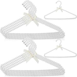 Threan 10 Pcs 16 Inch Pearl Clothes Beaded Clothing Hanger with Ribbon Bowknot Metal Elegant Clothes Standard Hanger for Women Bride Wedding Dress Coat Shirt