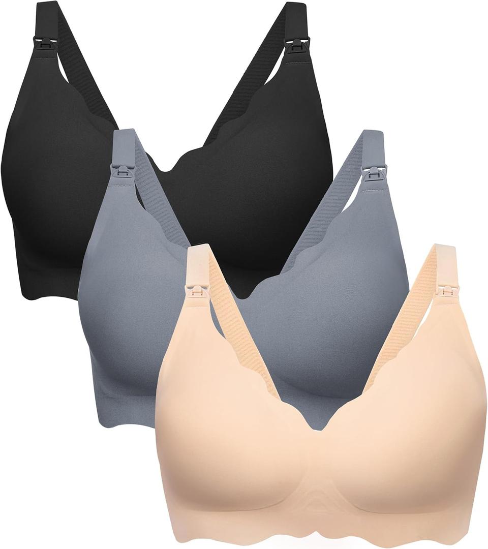 Angelhood Nursing Bras for Breastfeeding Ultra Comfort Seamless Maternity Bra Pack Wireless Pregnancy Bralette Bra Extender (Medium, Black/Blue/Nude)