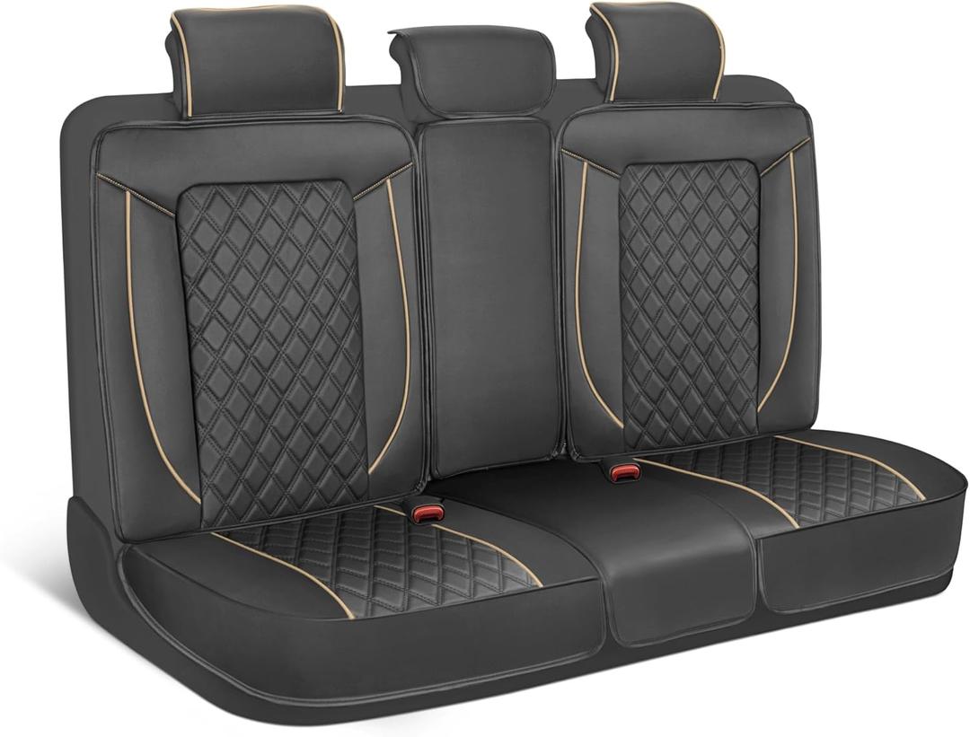 MotorBox Faux Leather Rear Bench Seat Cover  Semi-Universal Fit for Cars, SUVs & Trucks  Napa Style Back Seat Protector with Cushioned Design  Durable, Stylish Interior Upgrade (Black, Beige)