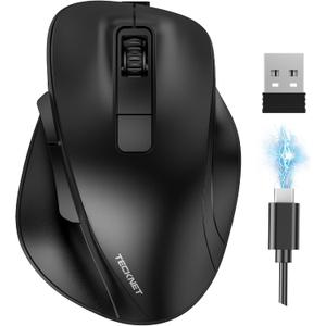 TECKNET Wireless Mouse, Bluetooth Mouse (BT5.0/3.0 & 2.4G) Rechargeable 4800 DPI Silent Mice, Computer Mice with USB A Receiver,Ergonomic Grips Optical Cordless Mice for Laptop/Mac/PC,Black
