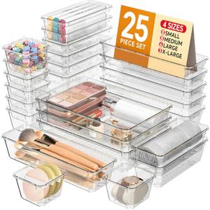 KEMETHY 25 PCS Plastic Drawer Organizers Set, 4 Sizes Vanity Organizer, Makeup and Desk Drawer Organizer Trays, Organization and Storage for Makeup, Bathroom, Kitchen Utensils and Office (Clear)