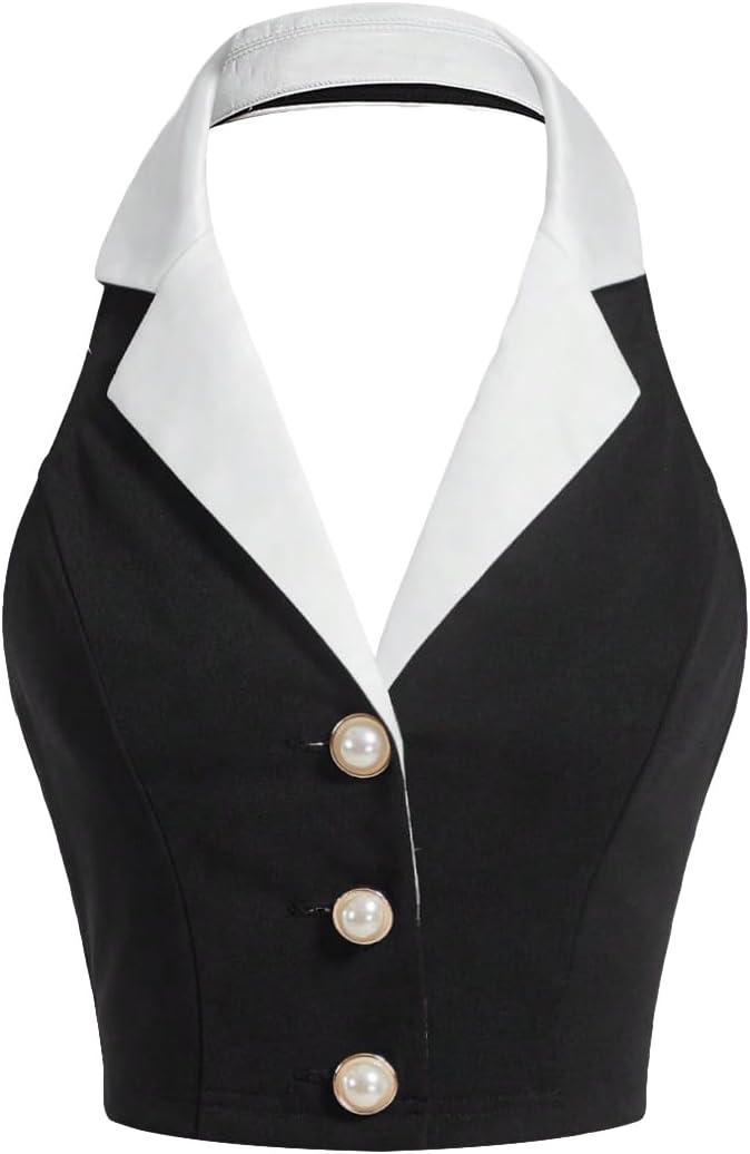 Women's Colorblock Sleeveless Turndown V Neck Collar Button Front Backless Slim Fit Crop Halter Top Tank Top Cropper (Medium, Black)