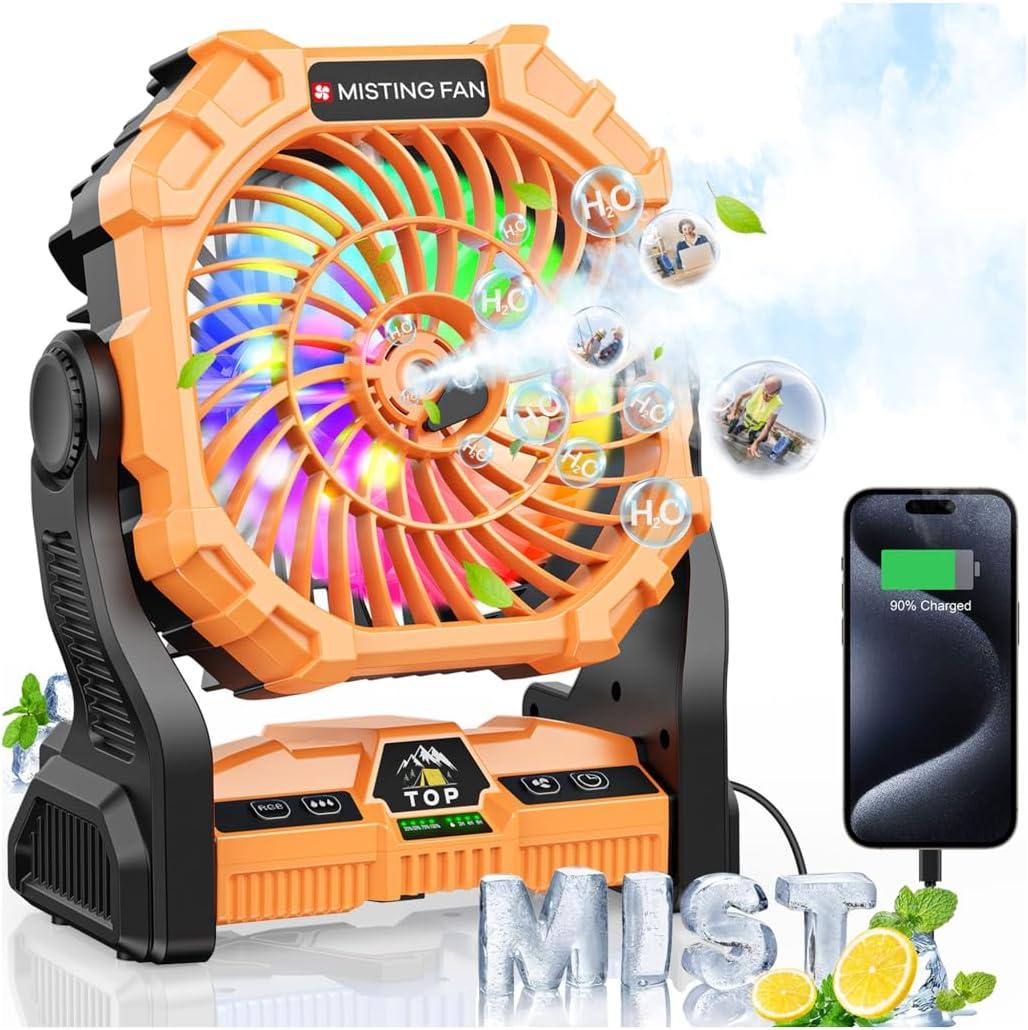 Misting Fan Portable with RGB Lantern, 30000 mAh Rechargeable Camping Mist Fan with Emergency Hurricane Supplies, Perfect Cooling Mister for Outdoor Travel (Orange)