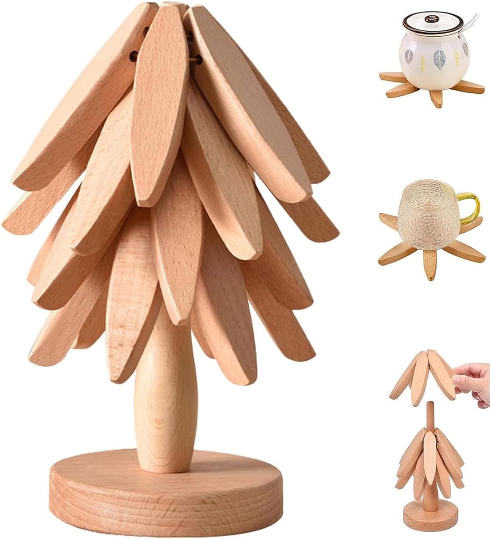Premium Wooden Trivets Set of 4 - Auto Unfold Tree Design Hot Pot Holders & Countertop Protectors | Beech Wood