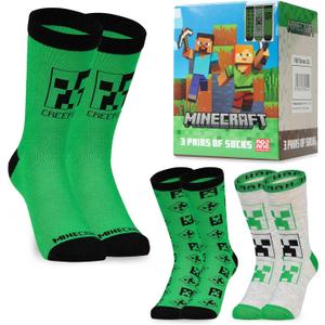 Minecraft Boys Crew Socks - Soft, Breathable Youth Socks Pack of 3 or 5 - Gamer Gifts (10-13 Years, Green)